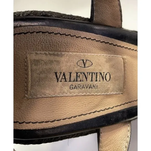 Authentic Valentino Black Leather Bow Espadrille Platform Wedge Sandal Size 39