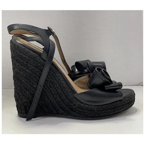 Authentic Valentino Black Leather Bow Espadrille Platform Wedge Sandal Size 39