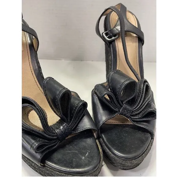 Authentic Valentino Black Leather Bow Espadrille Platform Wedge Sandal Size 39