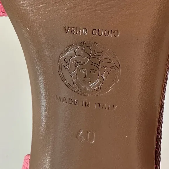 AUTHENTIC VERSACE T-Strap Sandals with Ball Snakeskin Heels Pink