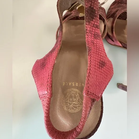 AUTHENTIC VERSACE T-Strap Sandals with Ball Snakeskin Heels Pink