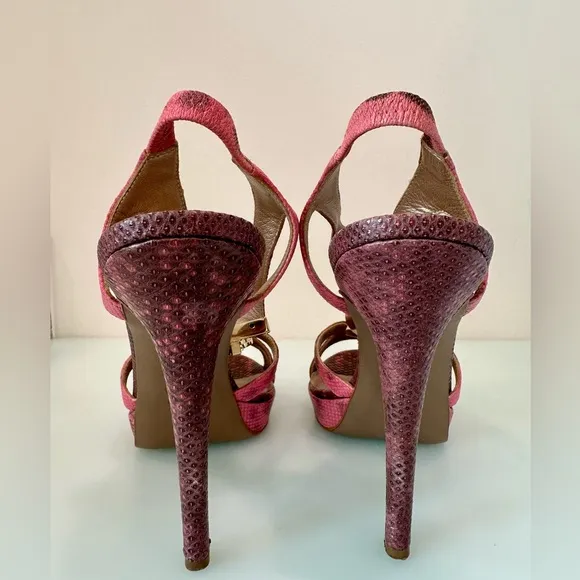 AUTHENTIC VERSACE T-Strap Sandals with Ball Snakeskin Heels Pink