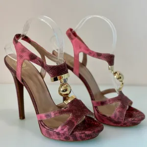 AUTHENTIC VERSACE T-Strap Sandals with Ball Snakeskin Heels Pink