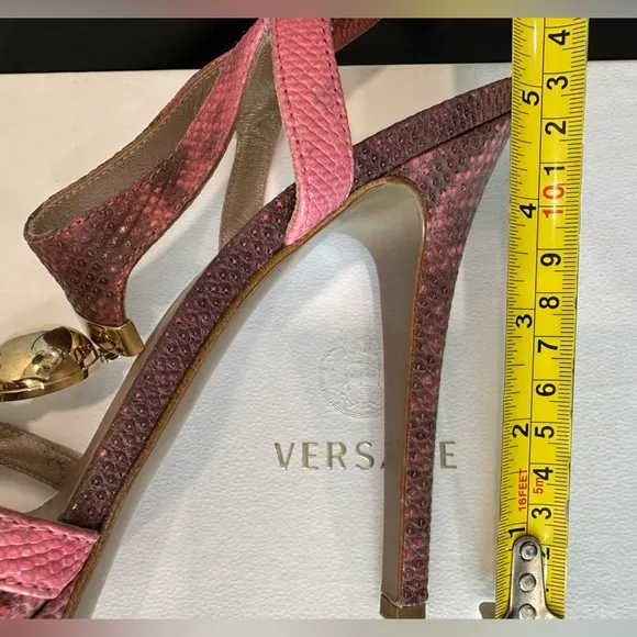 AUTHENTIC VERSACE T-Strap Sandals with Ball Snakeskin Heels Pink