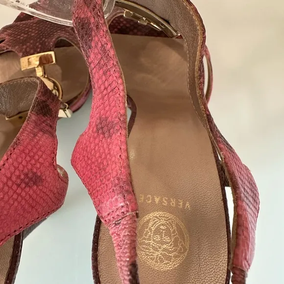 AUTHENTIC VERSACE T-Strap Sandals with Ball Snakeskin Heels Pink