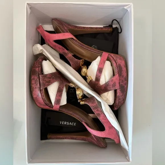 AUTHENTIC VERSACE T-Strap Sandals with Ball Snakeskin Heels Pink