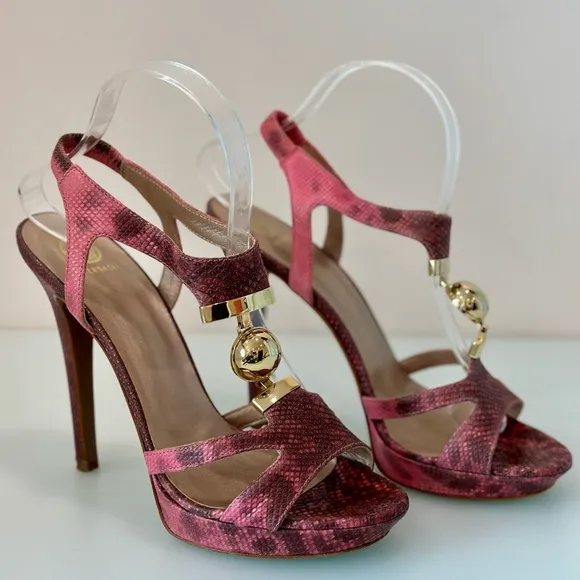 AUTHENTIC VERSACE T-Strap Sandals with Ball Snakeskin Heels Pink