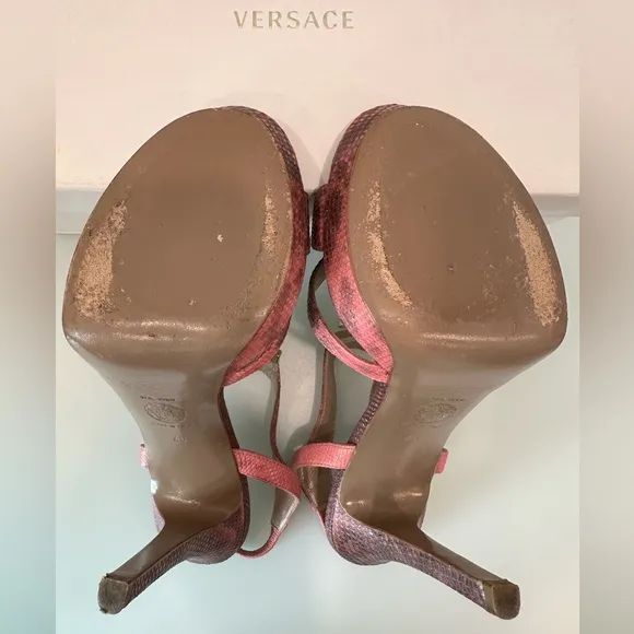 AUTHENTIC VERSACE T-Strap Sandals with Ball Snakeskin Heels Pink