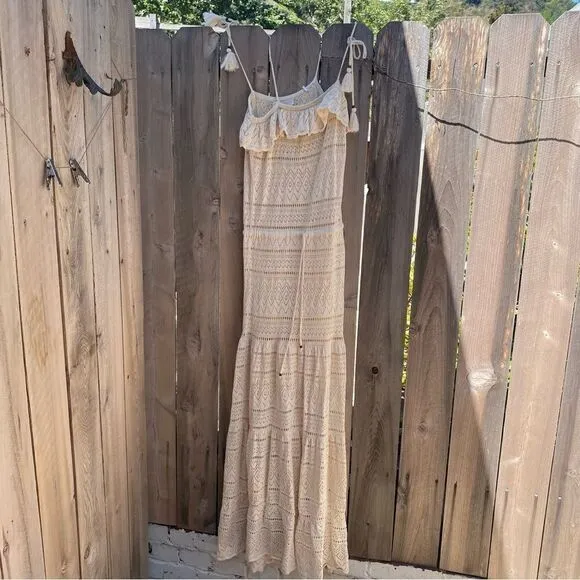ba&amp;sh Cal Crochet Cream Boho Tie Shoulders Cotton Maxi Dress Size XS
