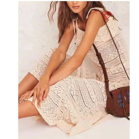 ba&amp;sh Cal Crochet Cream Boho Tie Shoulders Cotton Maxi Dress Size XS