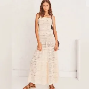 ba&amp;sh Cal Crochet Cream Boho Tie Shoulders Cotton Maxi Dress Size XS
