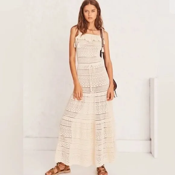 ba&amp;sh Cal Crochet Cream Boho Tie Shoulders Cotton Maxi Dress Size XS