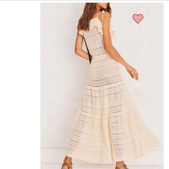 ba&amp;sh Cal Crochet Cream Boho Tie Shoulders Cotton Maxi Dress Size XS