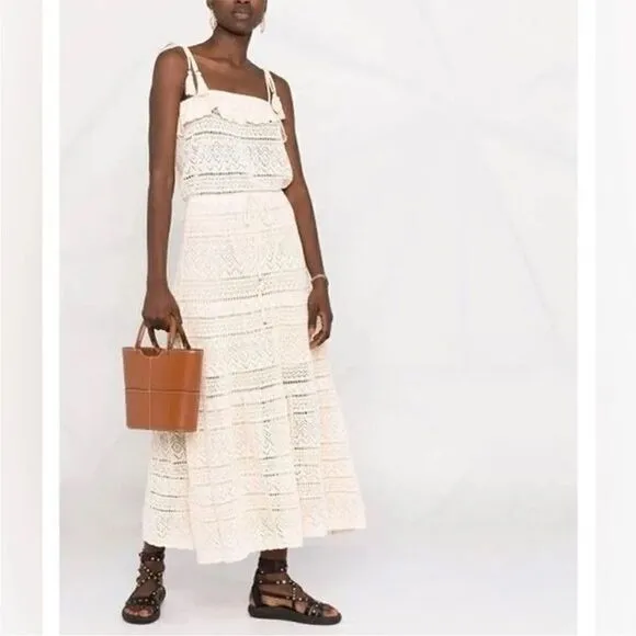 ba&amp;sh Cal Crochet Cream Boho Tie Shoulders Cotton Maxi Dress Size XS