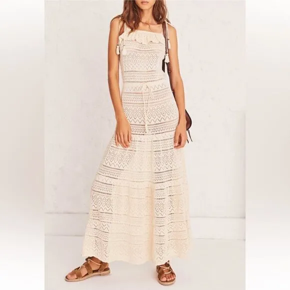 ba&amp;sh Cal Crochet Cream Boho Tie Shoulders Cotton Maxi Dress Size XS