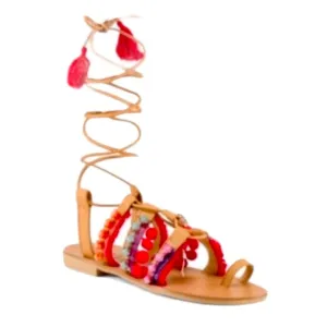 Barbara Barbieri Pom Beaded Lace Up Sandals
