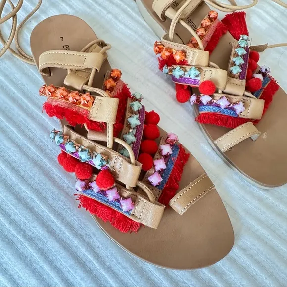 Barbara Barbieri Pom Beaded Lace Up Sandals