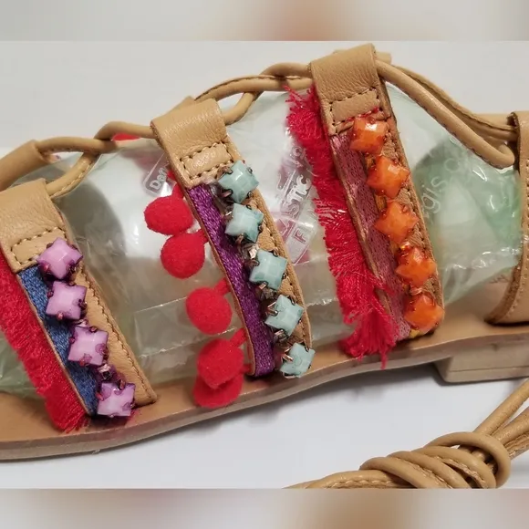 Barbara Barbieri Red Multi Tassel &amp; Pom Pom Leather Gladiator Sandal 8.5