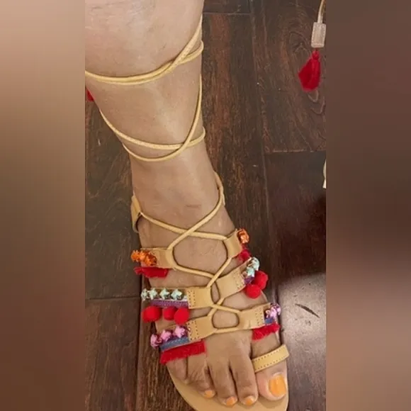 Barbara Barbieri Red Multi Tassel &amp; Pom Pom Leather Gladiator Sandal 8.5