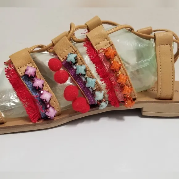 Barbara Barbieri Red Multi Tassel &amp; Pom Pom Leather Gladiator Sandal 8.5