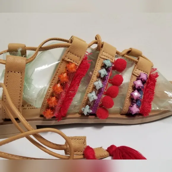 Barbara Barbieri Red Multi Tassel &amp; Pom Pom Leather Gladiator Sandal 8.5