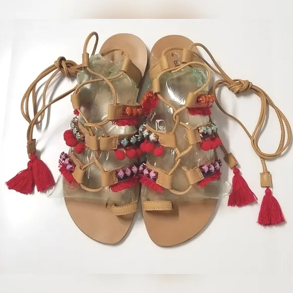 Barbara Barbieri Red Multi Tassel &amp; Pom Pom Leather Gladiator Sandal 8.5