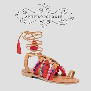 Barbara Barbieri Red Multi Tassel &amp; Pom Pom Leather Gladiator Sandal 8.5