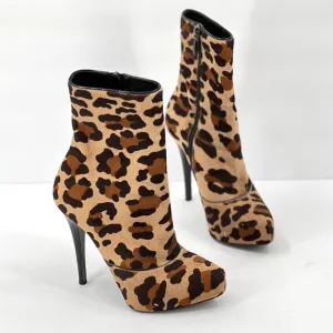 BARBARA BUI Shoes Womens 37 Brown Leopard Print Platform Calf Hair Ankle Bootie