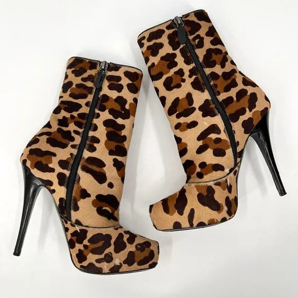 BARBARA BUI Shoes Womens 37 Brown Leopard Print Platform Calf Hair Ankle Bootie