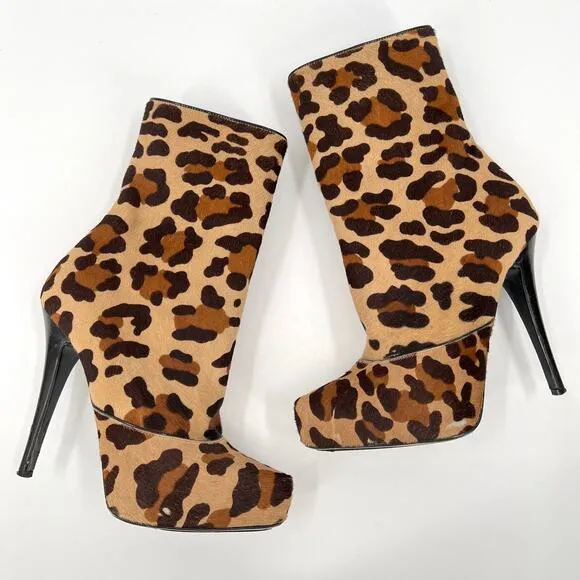 BARBARA BUI Shoes Womens 37 Brown Leopard Print Platform Calf Hair Ankle Bootie