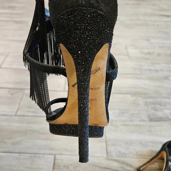 B Brian Atwood Shoes Womens 8.5 Black Cassiane Metal Chain Fringe Heel Sandal