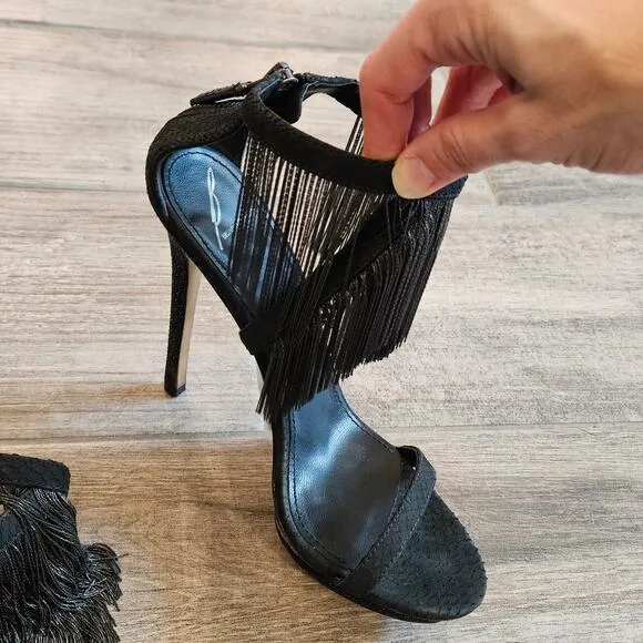 B Brian Atwood Shoes Womens 8.5 Black Cassiane Metal Chain Fringe Heel Sandal