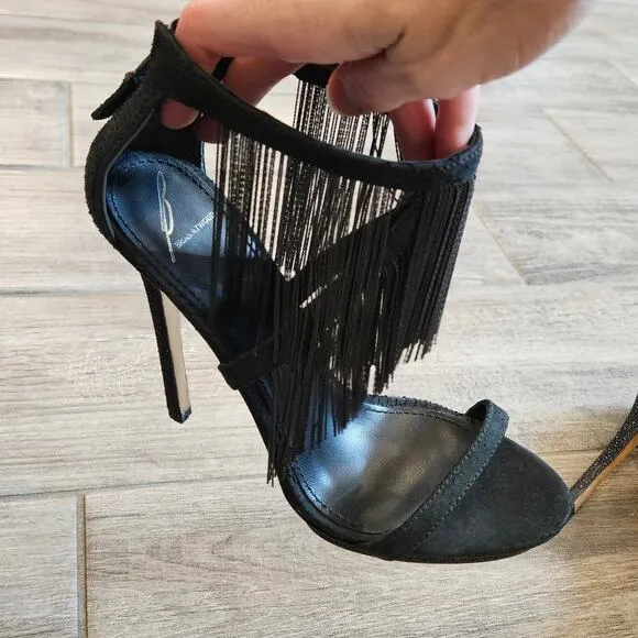 B Brian Atwood Shoes Womens 8.5 Black Cassiane Metal Chain Fringe Heel Sandal