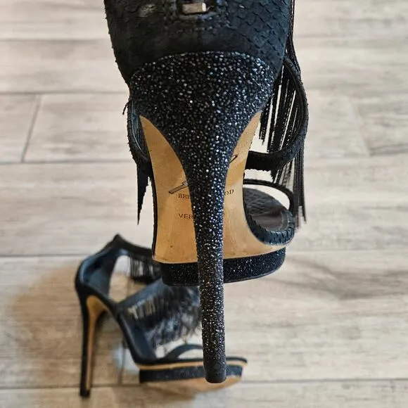 B Brian Atwood Shoes Womens 8.5 Black Cassiane Metal Chain Fringe Heel Sandal