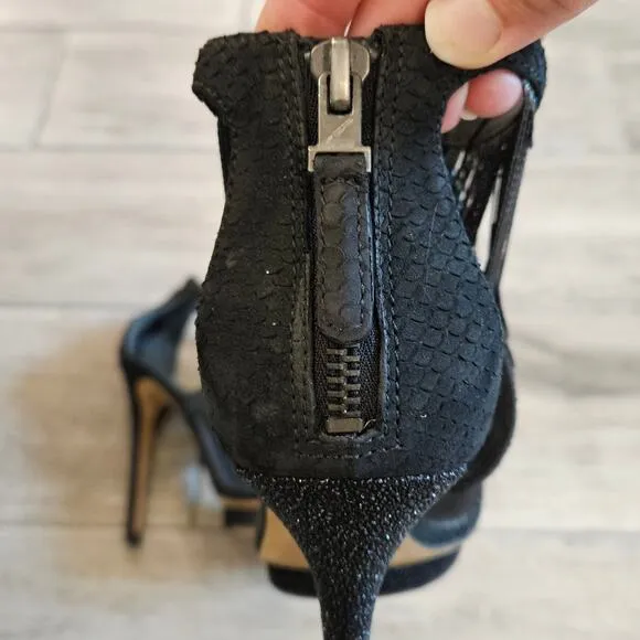 B Brian Atwood Shoes Womens 8.5 Black Cassiane Metal Chain Fringe Heel Sandal