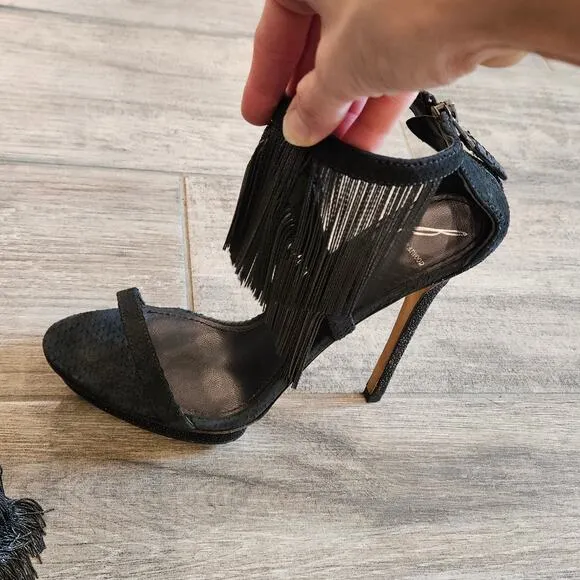 B Brian Atwood Shoes Womens 8.5 Black Cassiane Metal Chain Fringe Heel Sandal