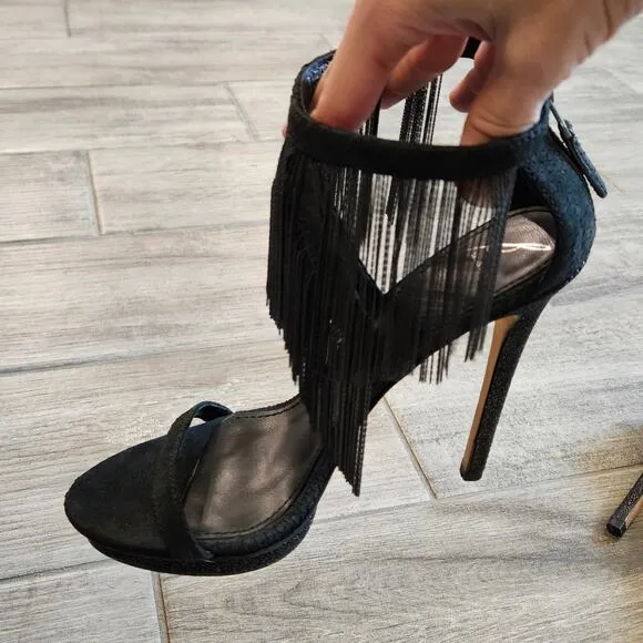 B Brian Atwood Shoes Womens 8.5 Black Cassiane Metal Chain Fringe Heel Sandal