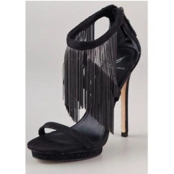 B Brian Atwood Shoes Womens 8.5 Black Cassiane Metal Chain Fringe Heel Sandal