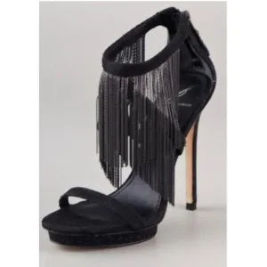 B Brian Atwood Shoes Womens 8.5 Black Cassiane Metal Chain Fringe Heel Sandal