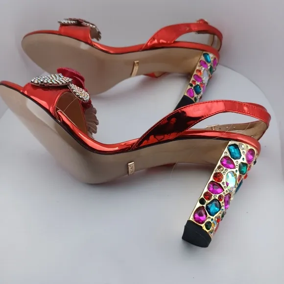 Beautiful Red Floral Multi-color Rhinestone Heels Women’s size 11 NEW