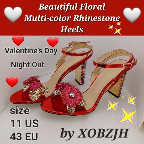 Beautiful Red Floral Multi-color Rhinestone Heels Women’s size 11 NEW