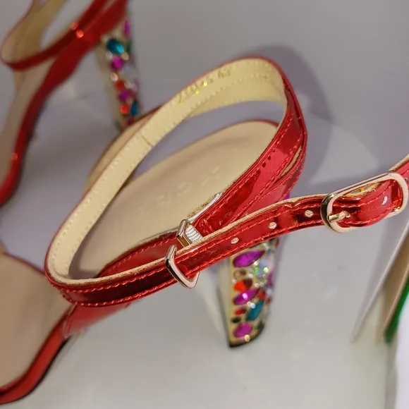 Beautiful Red Floral Multi-color Rhinestone Heels Women’s size 11 NEW
