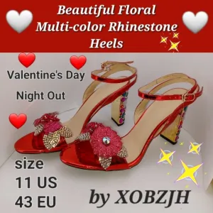 Beautiful Red Floral Multi-color Rhinestone Heels Women’s size 11 NEW