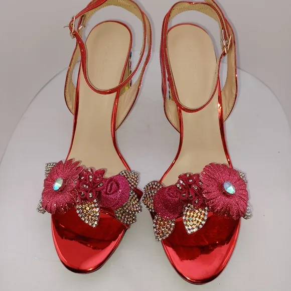 Beautiful Red Floral Multi-color Rhinestone Heels Women’s size 11 NEW