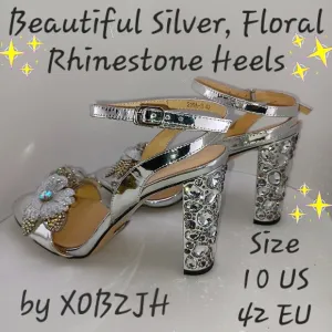 Beautiful Silver Floral Rhinestone Heels Women's size 11 NEW