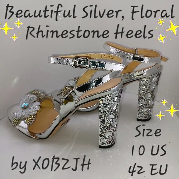 Beautiful Silver Floral Rhinestone Heels Women's size 11 NEW