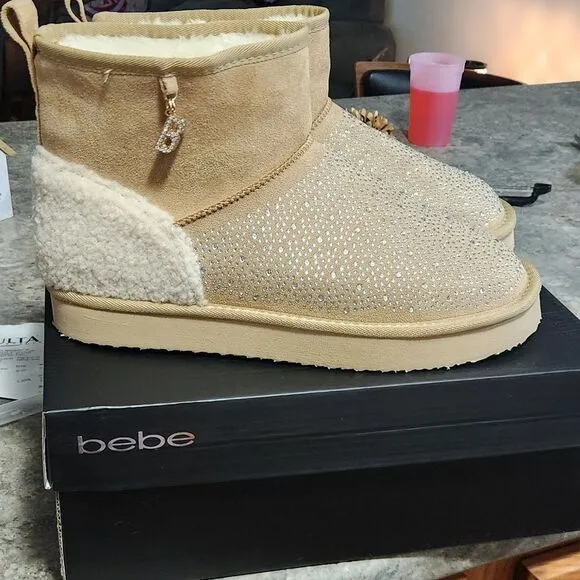 Bebe Women's Beige Suede Ankle Boots with Rhinestones