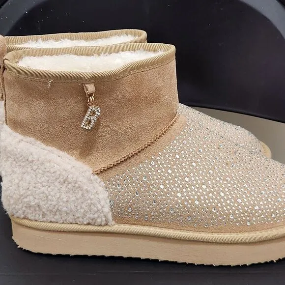 Bebe Women's Beige Suede Ankle Boots with Rhinestones