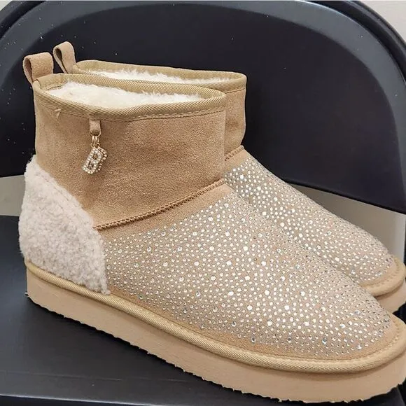 Bebe Women's Beige Suede Ankle Boots with Rhinestones