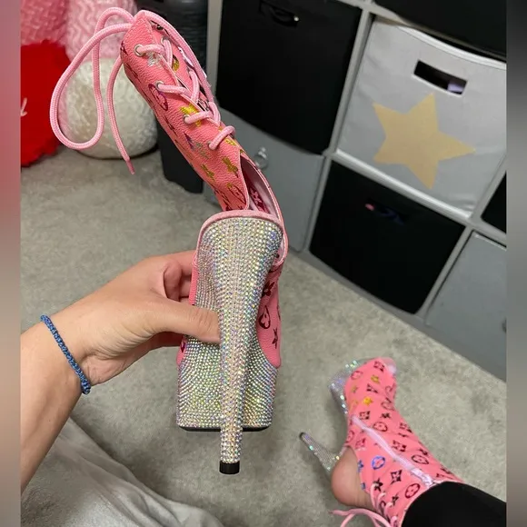 Bejeweled Rhinestone Platform Ankle Boots- Pink